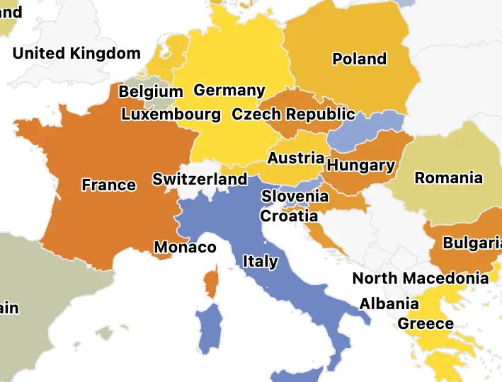Map of the europe with the indicators of the COcyber Map