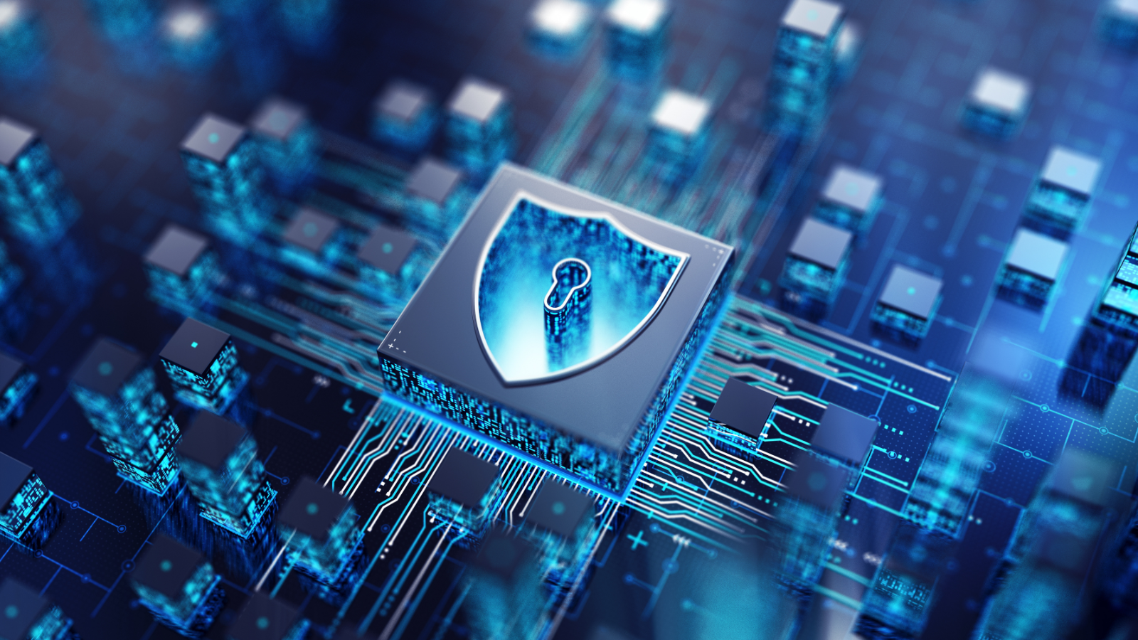A digital circuit board background and a shield icon symbolizing cybersecurity