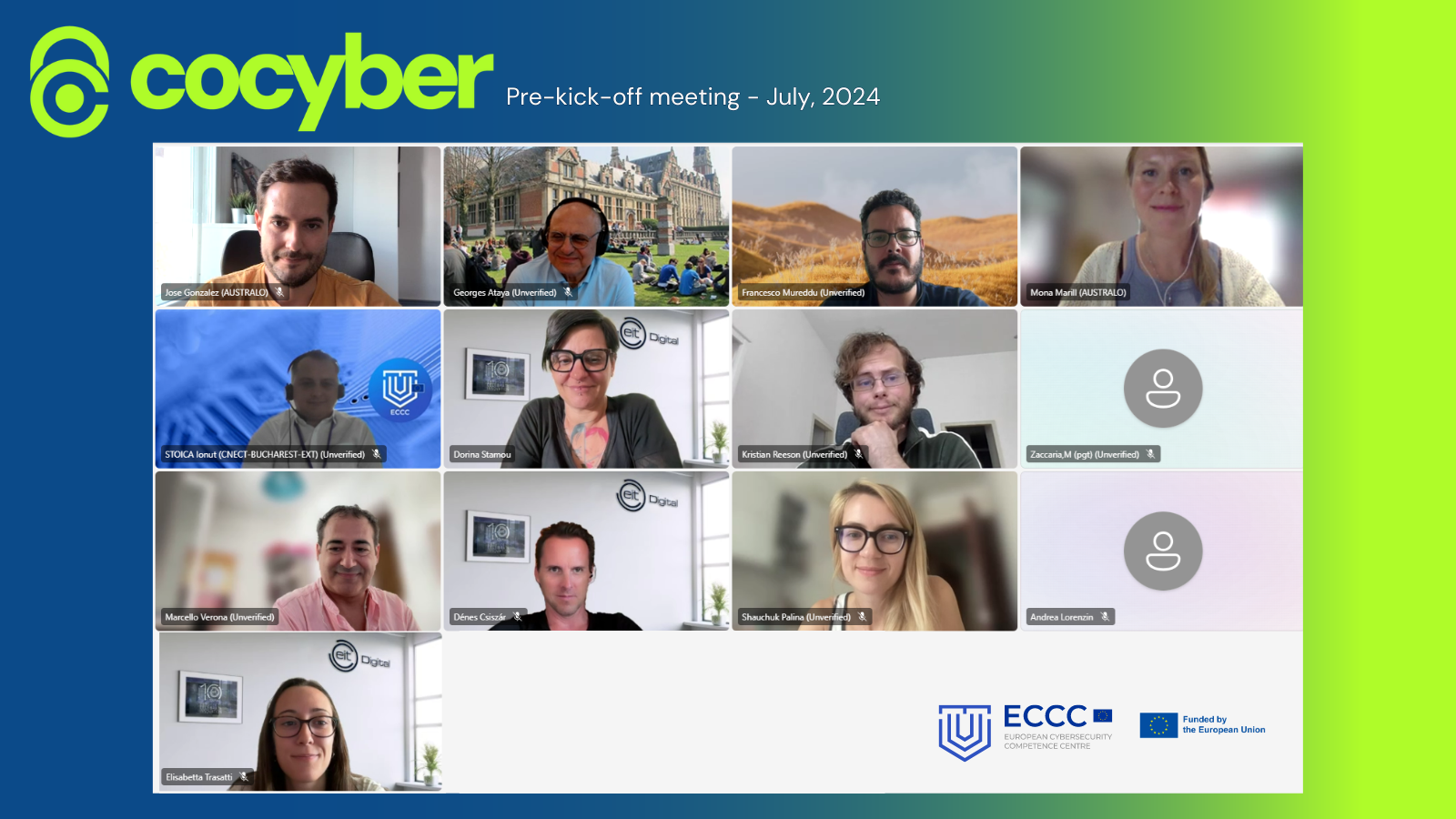 Screenshot of a virtual meeting with twelve participants in a video call grid layout